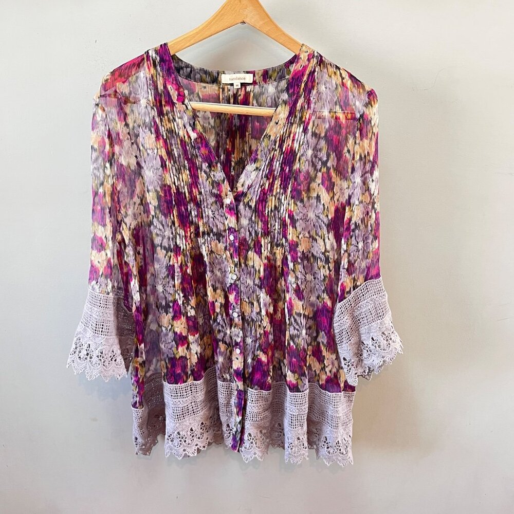 Sundance‎ Womens Multicolor Printed Silk Blouse W/ Lace Trim Bell Sleeves Size M